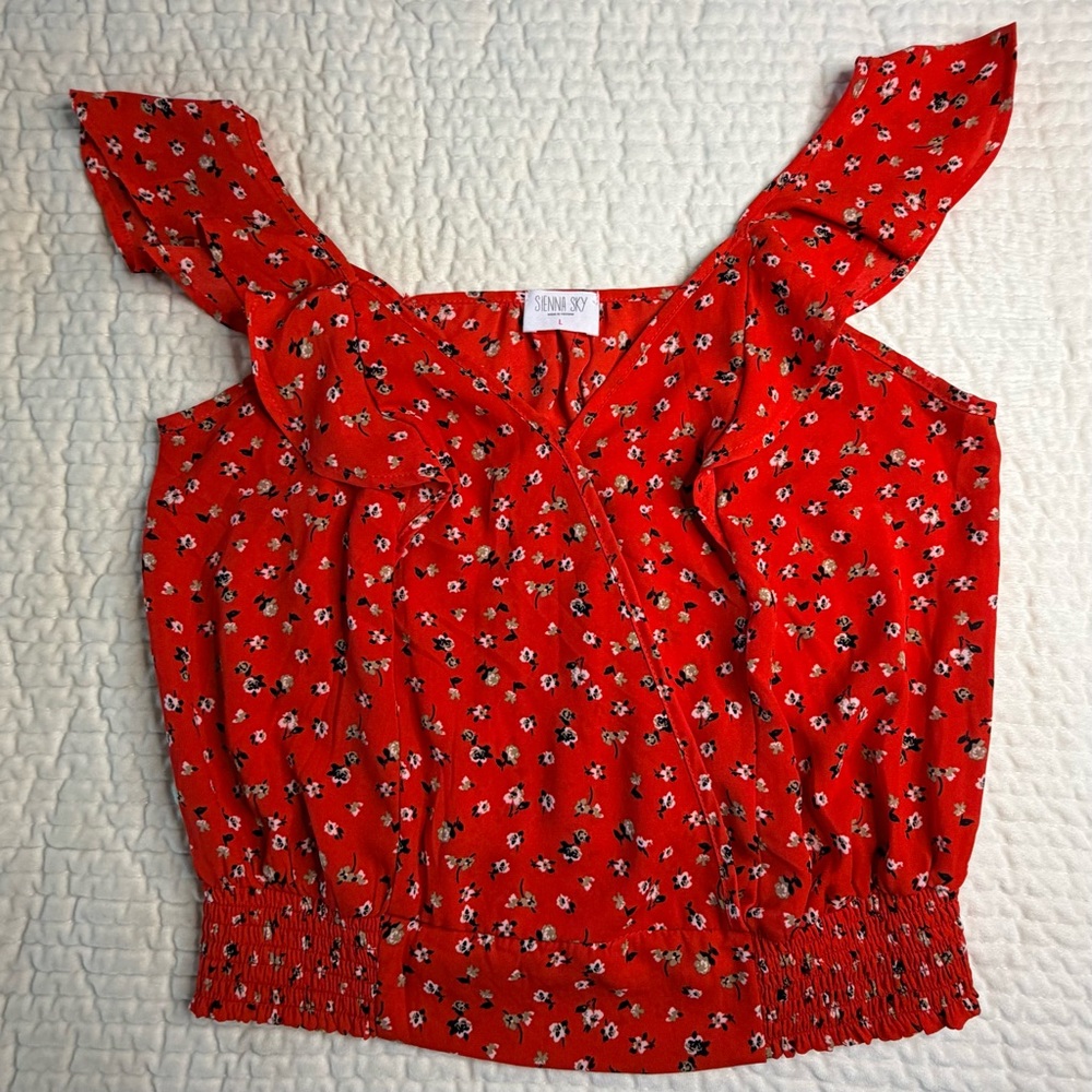 Sienna Sky Women’s Red Floral Blouse With Ruffled Straps
